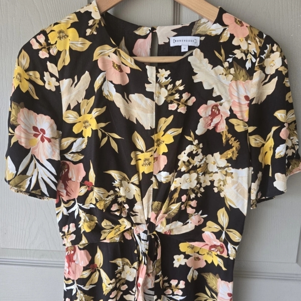 WAREHOUSE HIBISCUS TIE FRONT FLORAL CROPPED LEG JUMPSUIT SUMMER LOOK US 6 BOHO - Picture 6 of 14
